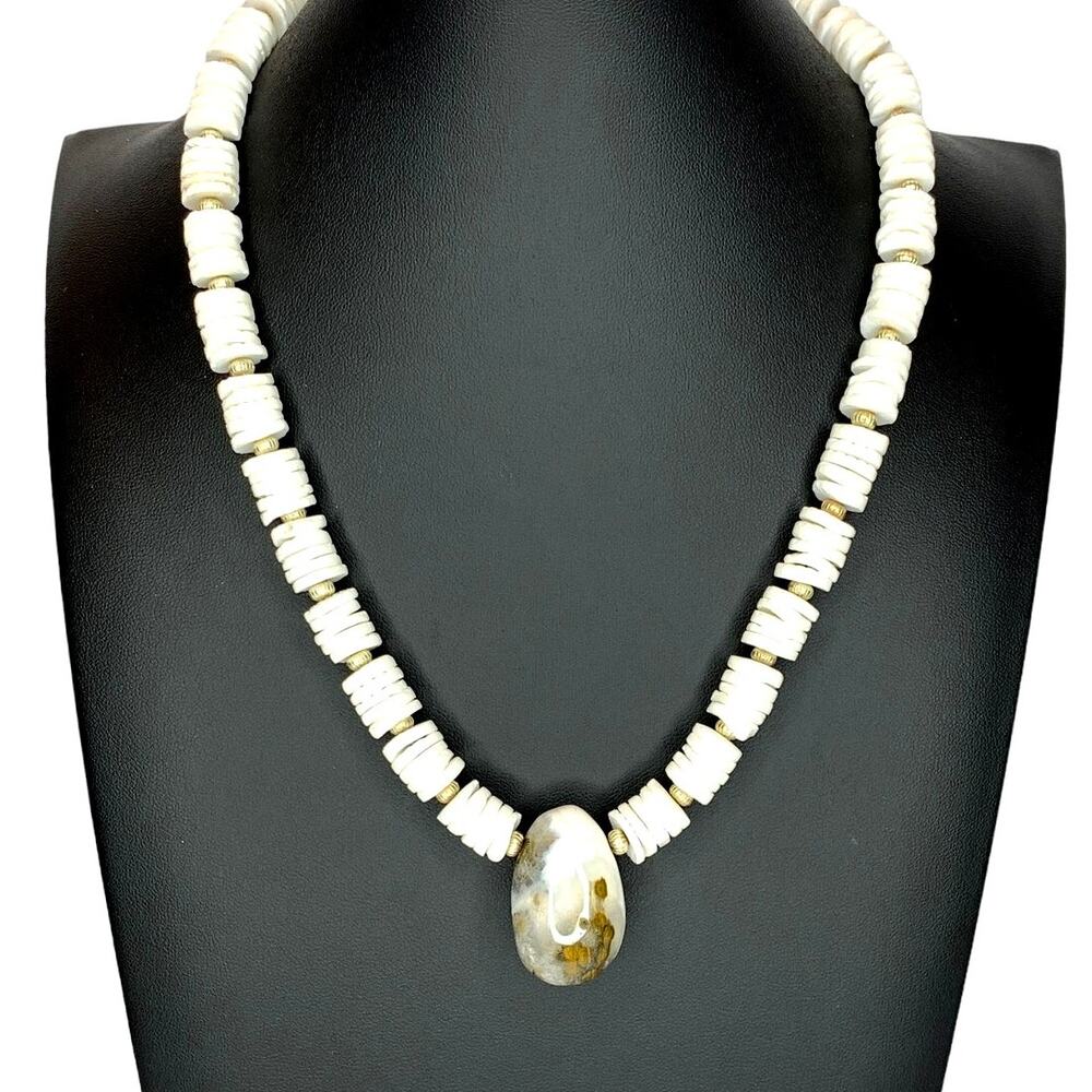 Artisan Puka Shell Necklace with Dendritic Agate Pendant